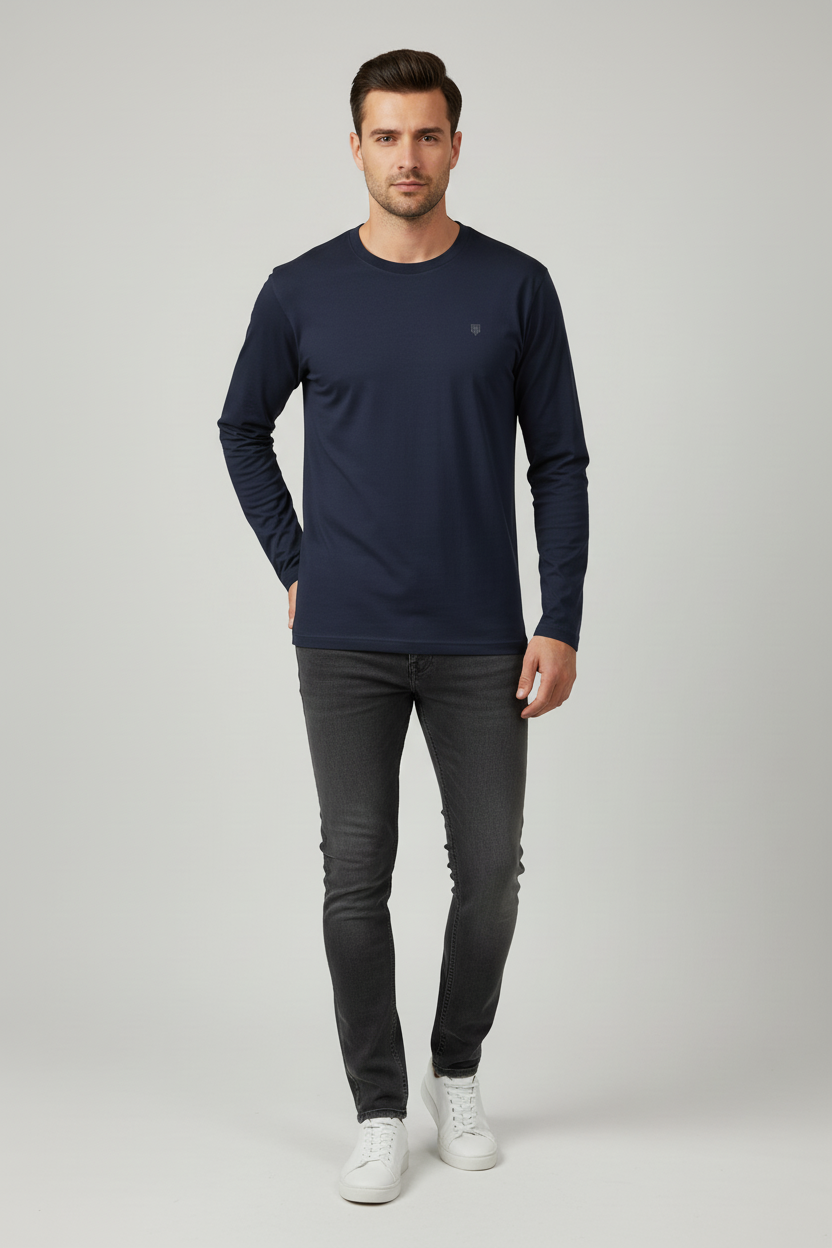 Male model wearing HAViT Full Sleeve T-Shirt in Navy Blue