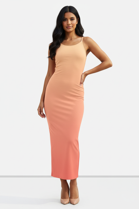 Coral Glow Ombre Bodycon Dress - Indian female model wearing coral to peach ombre bodycon dress with nude heels, white studio background