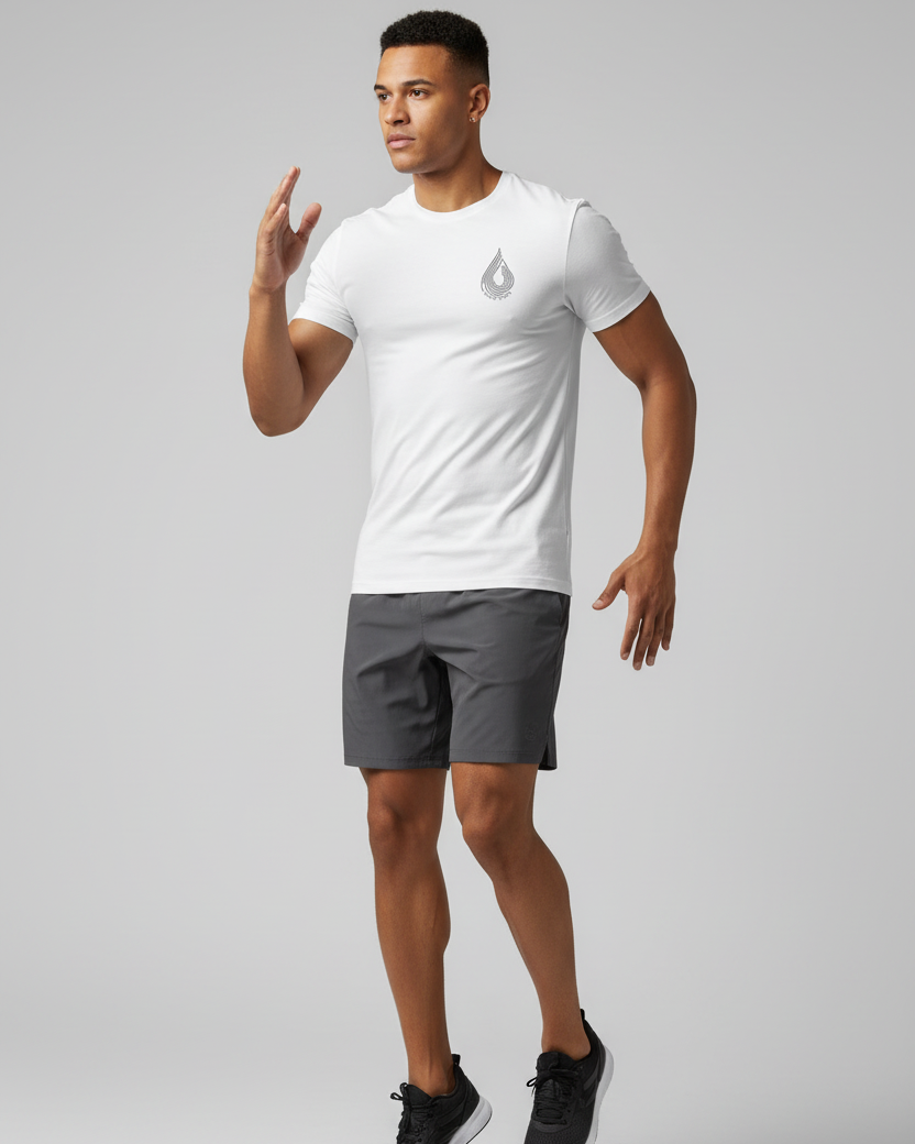 Model wearing Sweat State-Stretch T-shirt in White