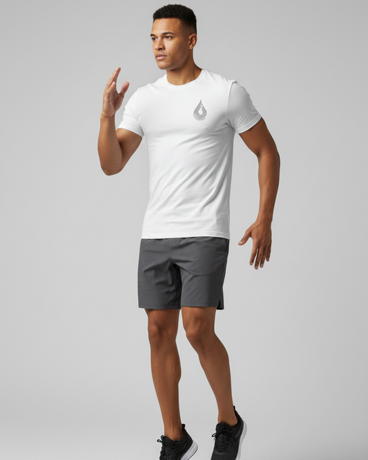 Model wearing Sweat State-Stretch T-shirt in White
