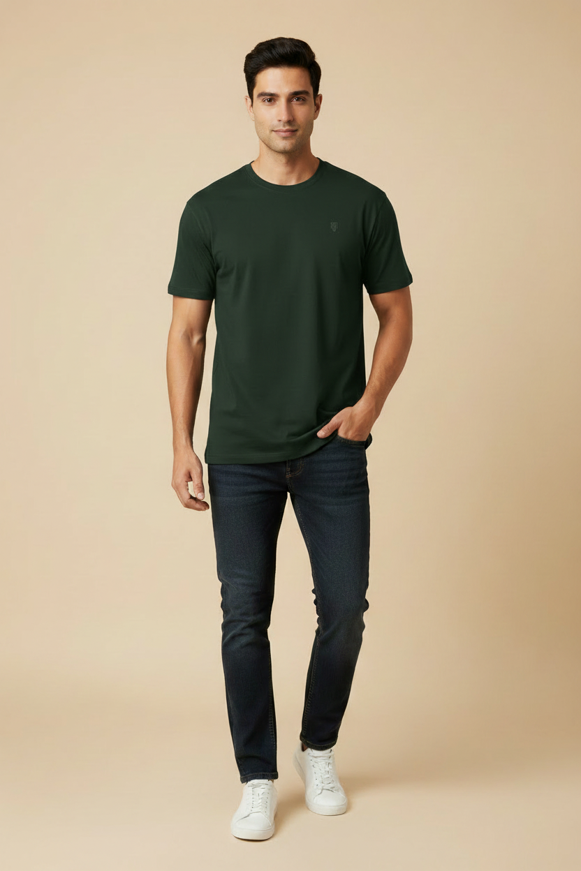 HAViT Men's Crew Neck T-Shirt – Bottle Green – Indian Male Model
