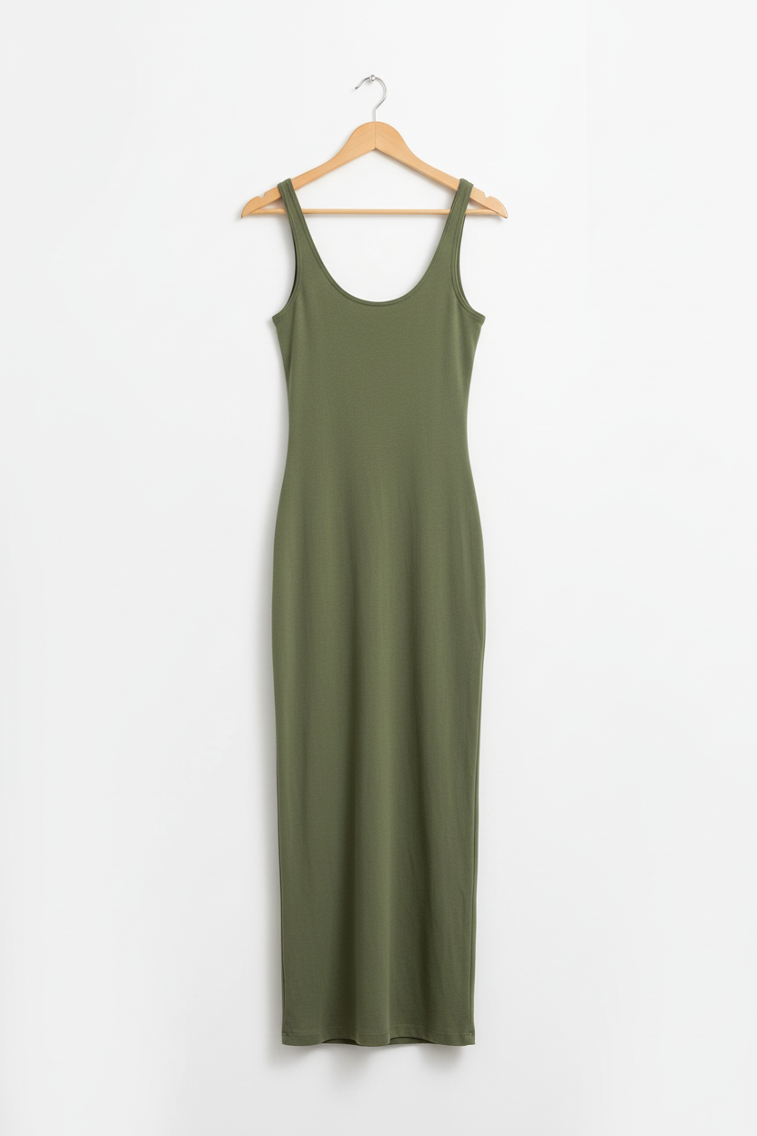 Olive green bodycon dress on wooden hanger