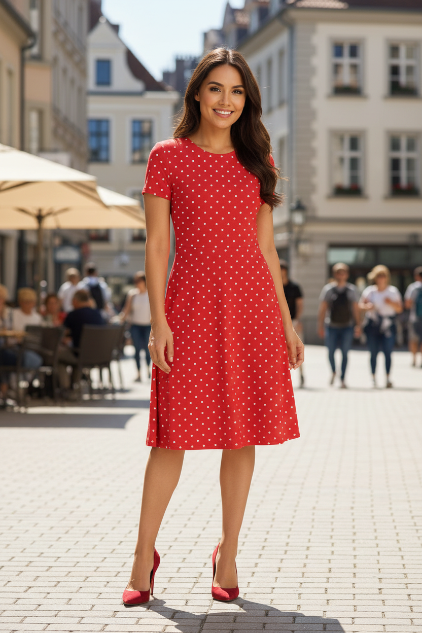 Crimson Charm A-Line Dress - fair-skinned Indian female model wearing crimson red A-line dress in outdoor outing setting, sunny street background