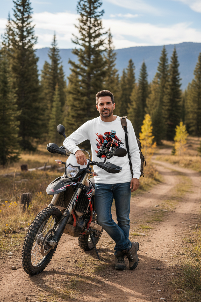 Male model wearing Dirt Dominator full-sleeve t-shirt in outdoor adventure setting