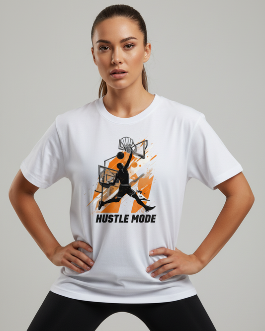 Female model wearing Hustle Mode T-Shirt