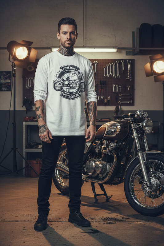 Male model wearing Custom Build full-sleeve t-shirt in industrial garage setting