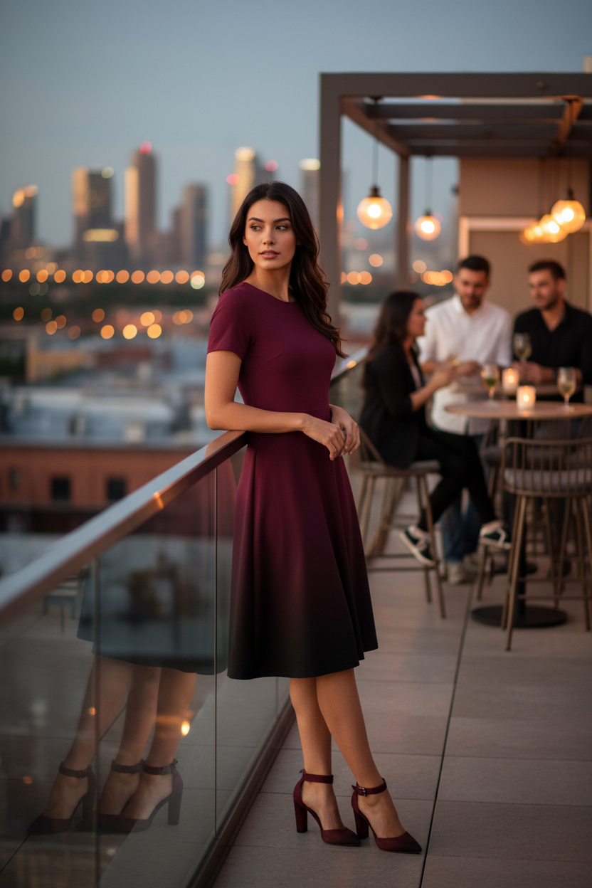 Indian female model wearing Midnight Merlot A-Line Dress at rooftop café, leaning on railing gazing into distance, full body shot
