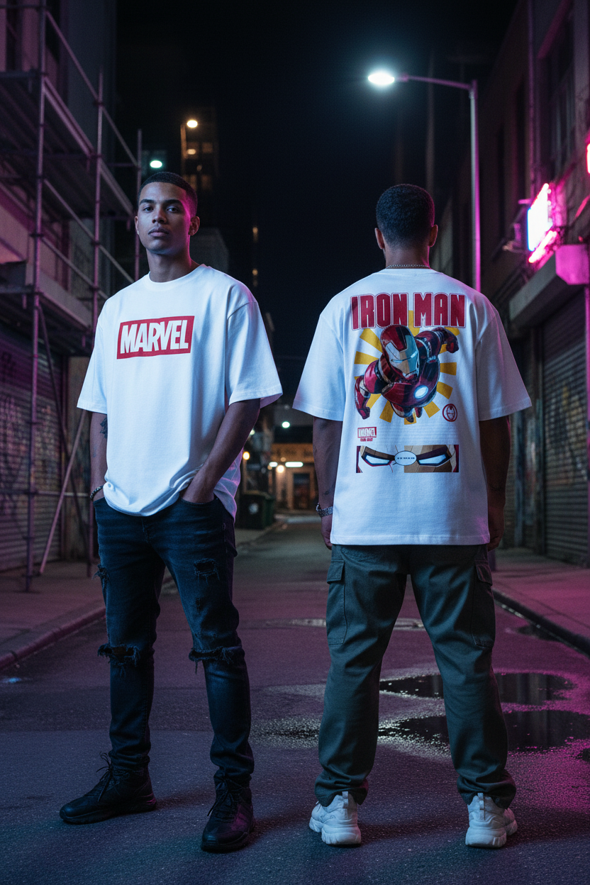 Male model wearing Iron Man Power Strike oversized t-shirt showing front and back views