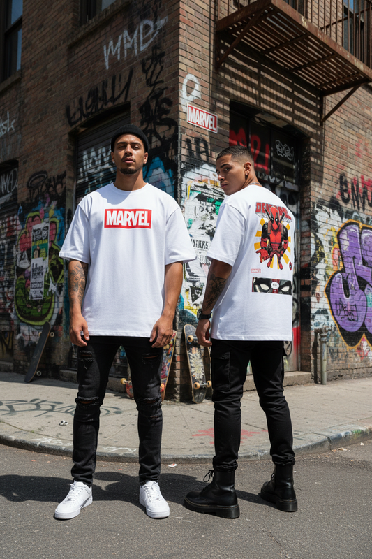 Male model wearing Deadpool Merc With a Mouth oversized t-shirt showing front and back views
