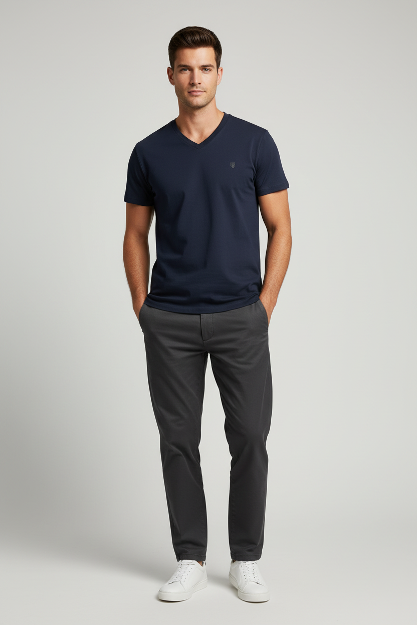 Male model wearing HAViT V-Neck T-Shirt in bold classic color