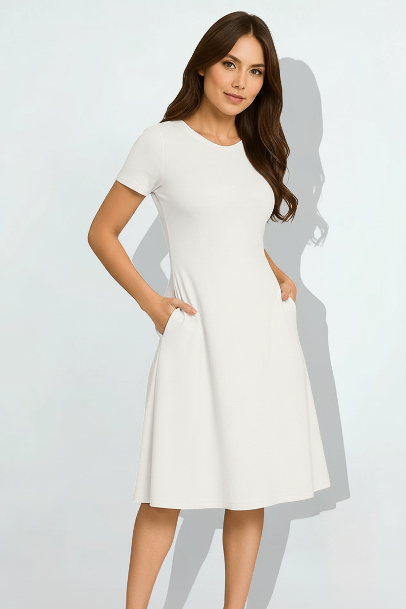 Indian model wearing ivory cream A-line dress