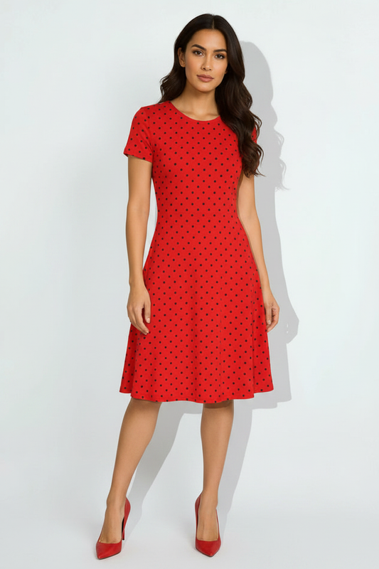 Retro Scarlet Polka A-Line Dress - fair-skinned Indian female model wearing scarlet red polka dot A-line dress, matching heels, white studio background
