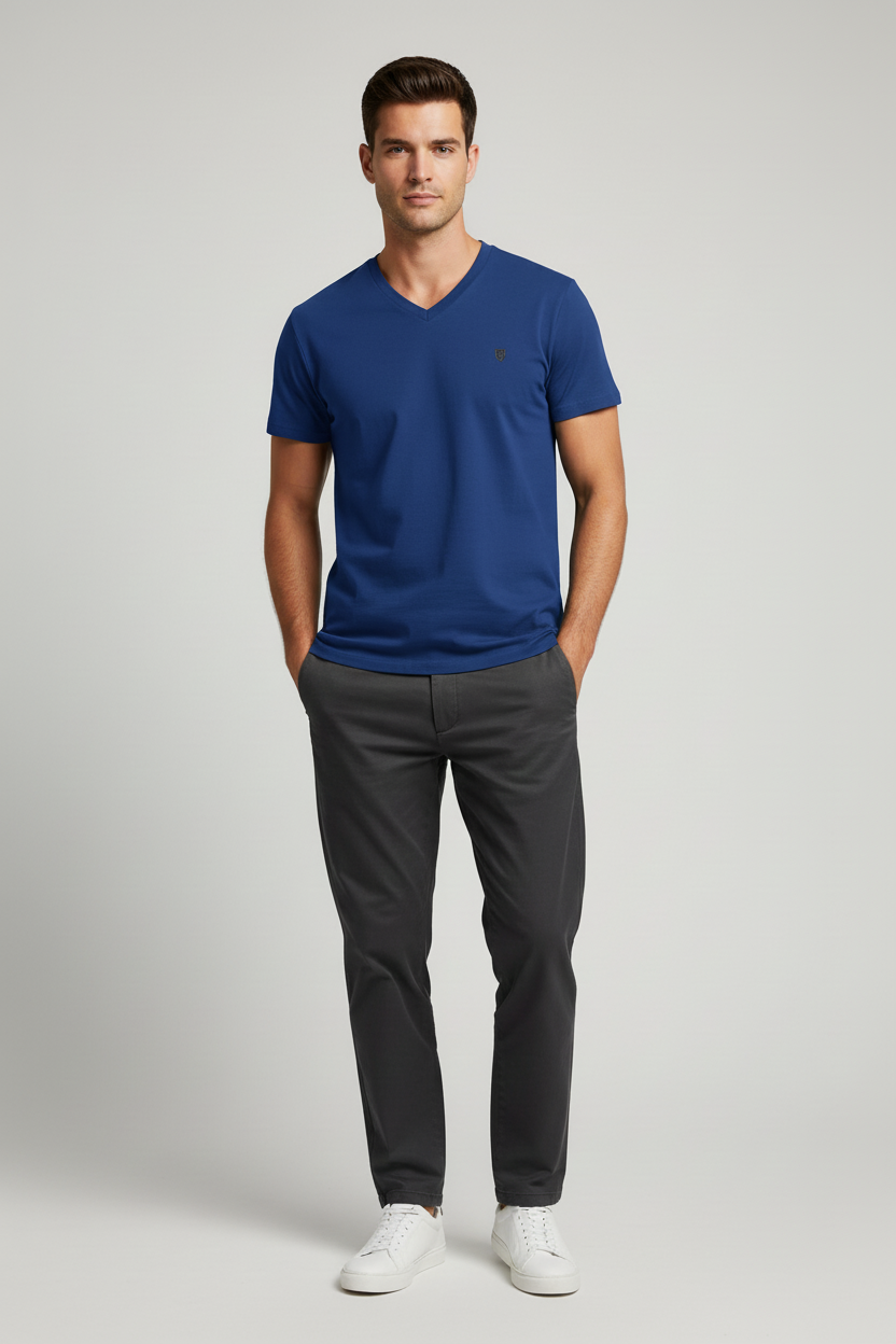 Male model wearing HAViT V-Neck T-Shirt in Royal Blue