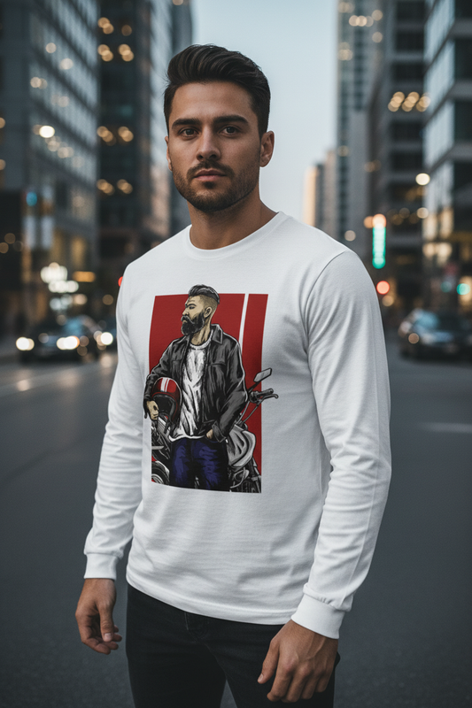 Male model wearing Urban Rider white full-sleeve t-shirt in modern urban setting
