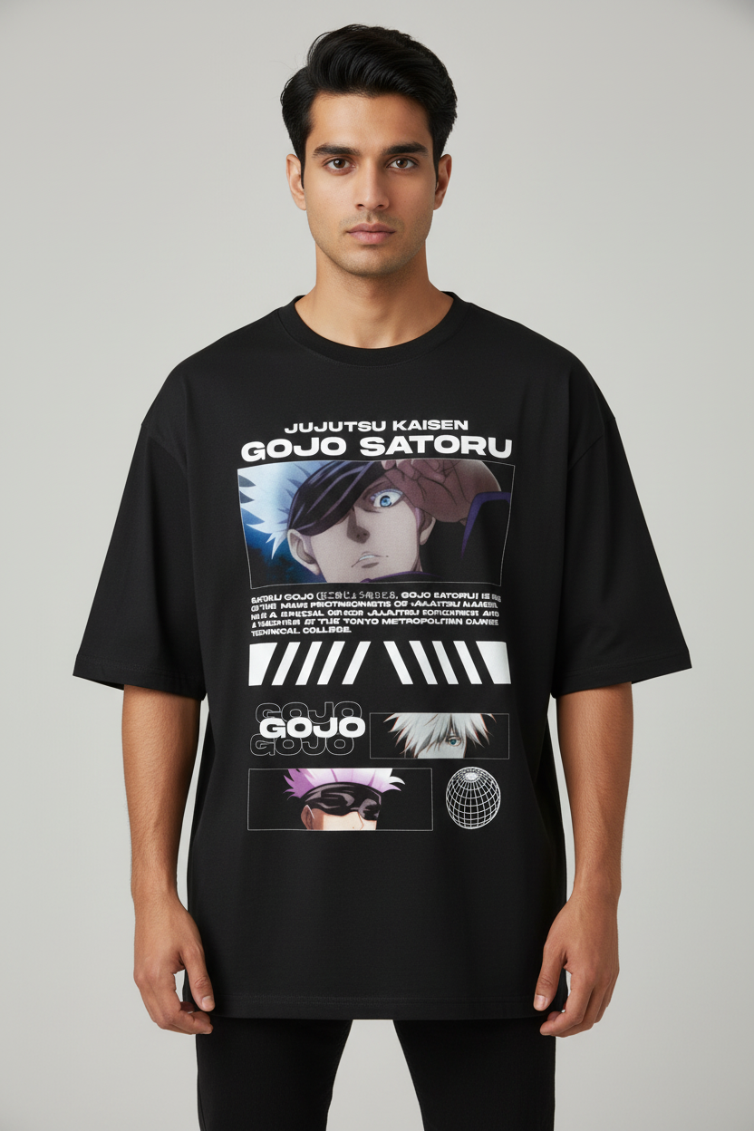 Infinity Sorcerer Blueprint Oversized T-Shirt – Black – Front – Indian Male Model