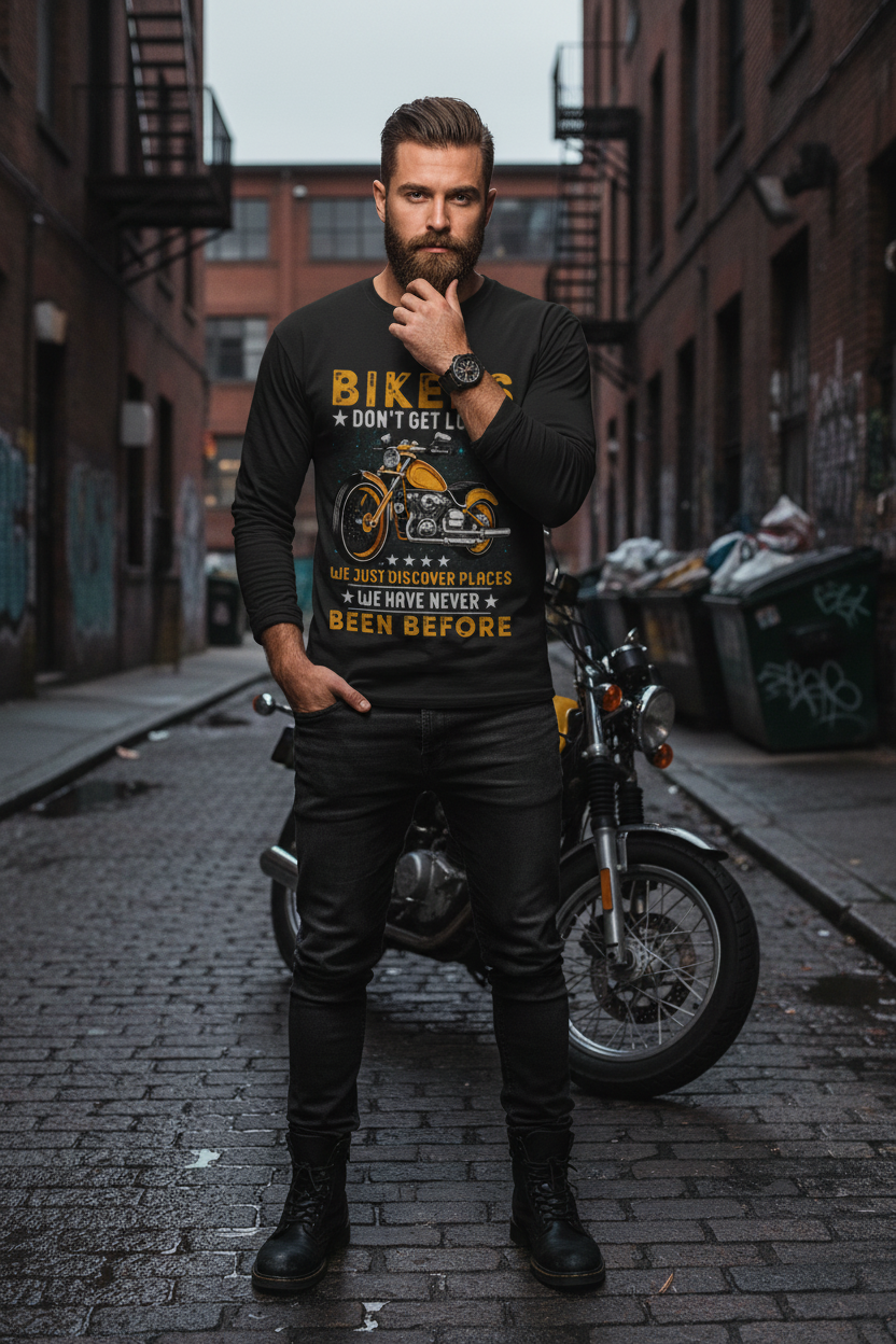 Male model wearing Bikers Don't Get Lost black full-sleeve t-shirt in urban street setting