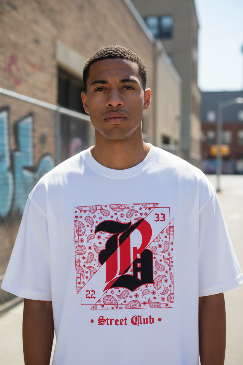 Male model wearing Street Club '22 Core Edition oversized t-shirt
