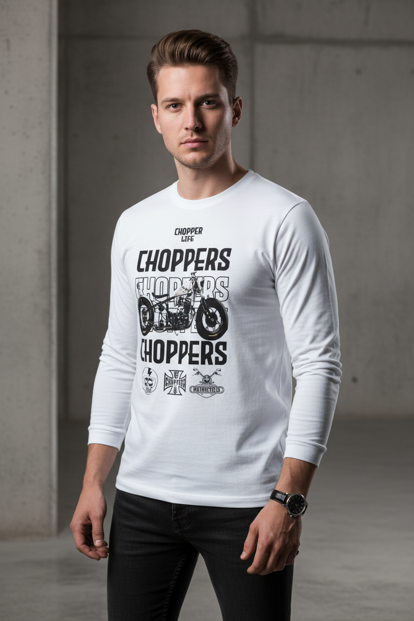 Male model wearing Iron Chopper white full-sleeve t-shirt in minimalist concrete setting