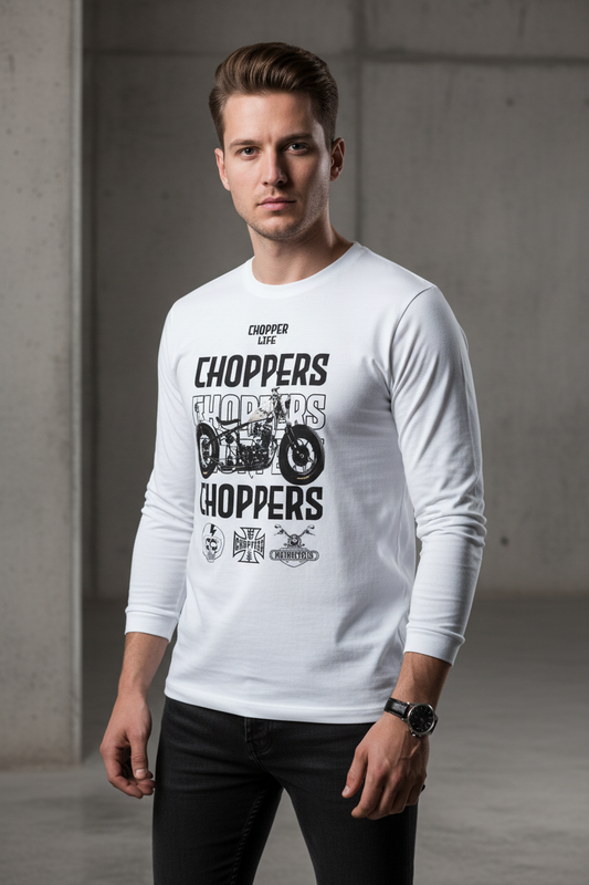 Male model wearing Iron Chopper white full-sleeve t-shirt in minimalist concrete setting