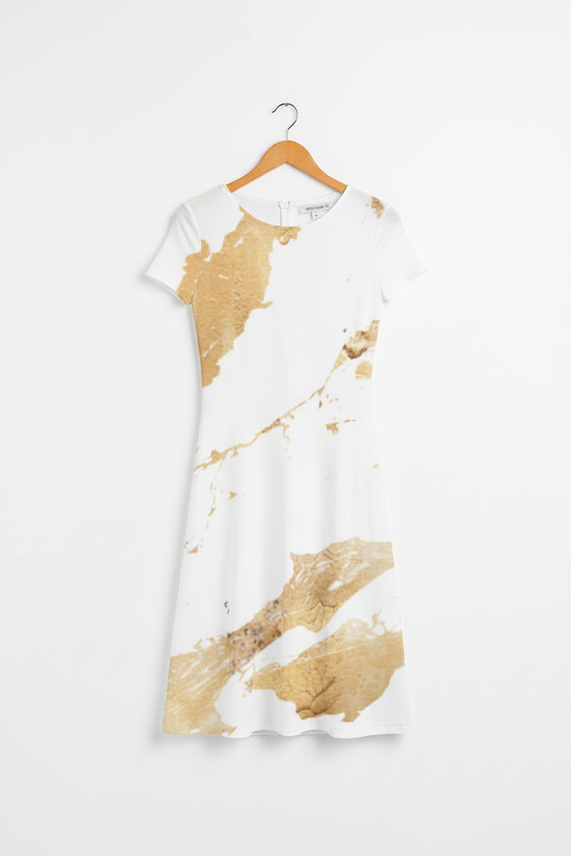 Soft marble A-line dress on wooden hanger
