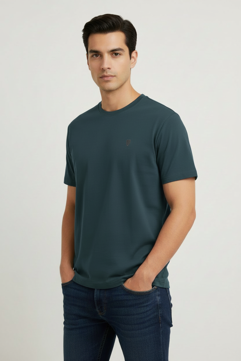 HAViT Men's Crew Neck T-Shirt – Petrol Blue – Indian Male Model