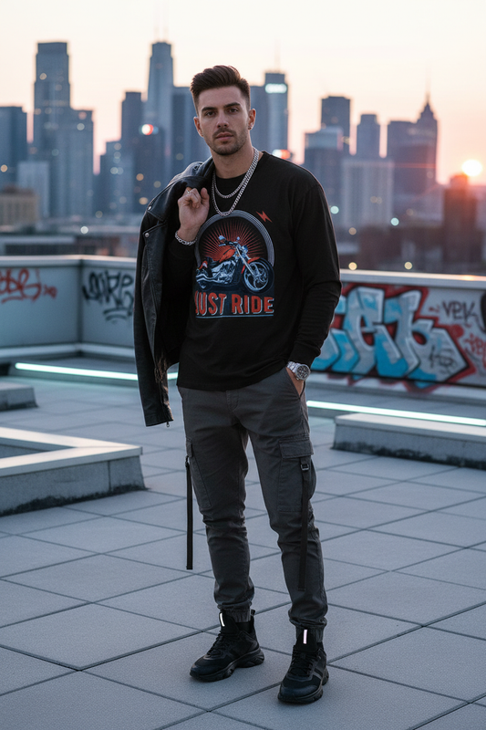 Male model wearing Just Ride full-sleeve t-shirt in urban rooftop setting