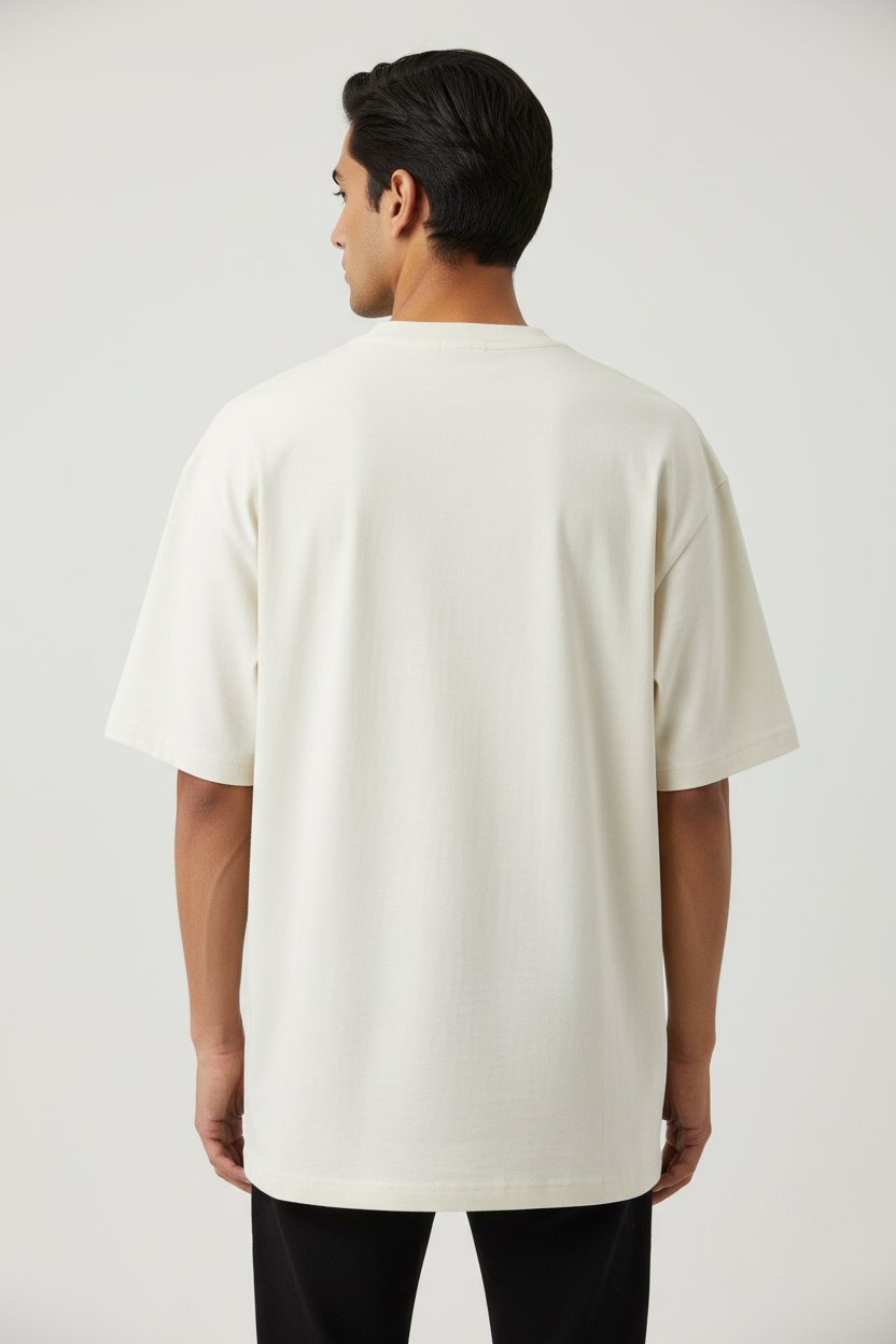 Flame & Beast Saga Oversized T-Shirt – Off White – Back – Indian Male Model