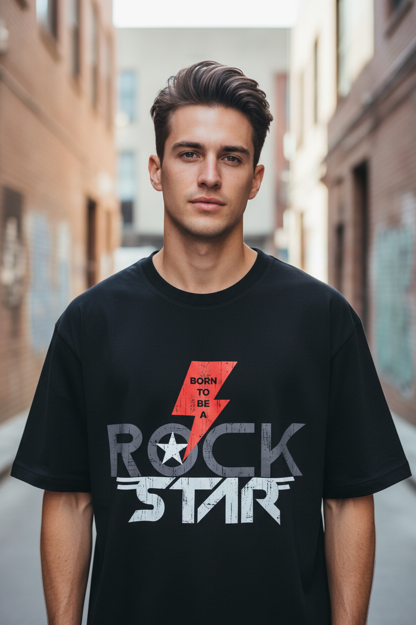 Male model wearing Born to Be a Rockstar oversized t-shirt