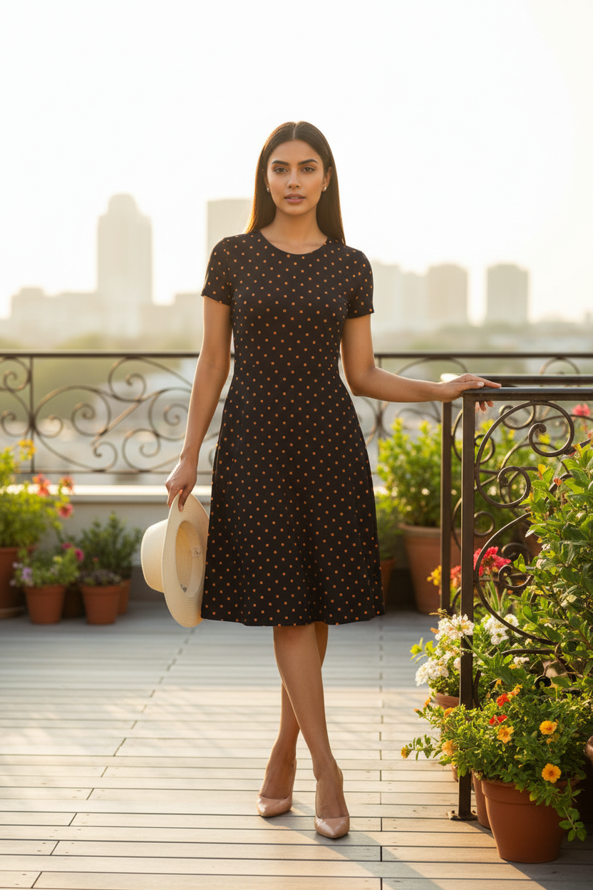 Burnt Orange Charm A-Line Dress - Indian female model wearing black polka dot A-line dress in lifestyle indoor setting, brunch rooftop vibe