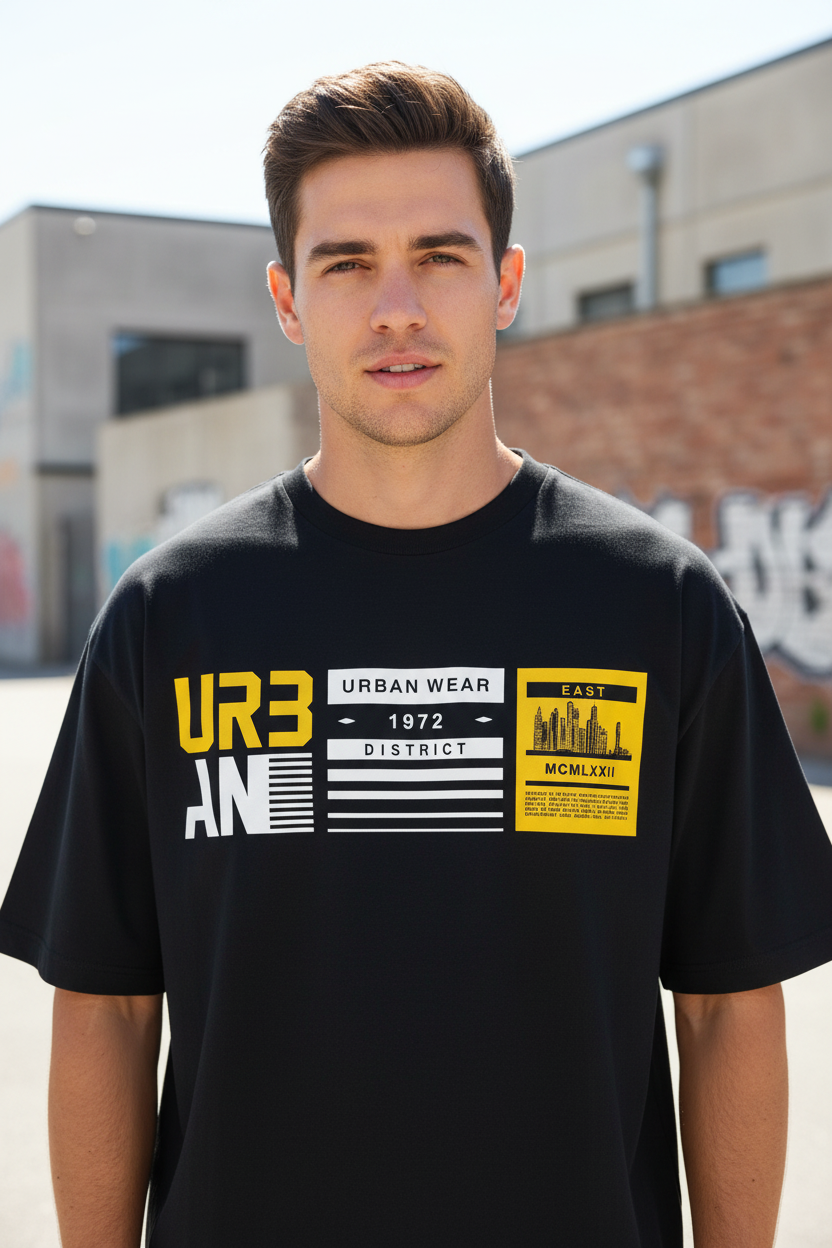 Male model wearing UR3 Urban District oversized t-shirt
