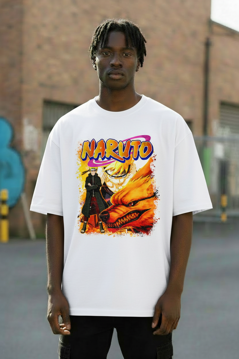 Male model wearing Naruto Uzumaki – Nine-Tails Awakening oversized t-shirt
