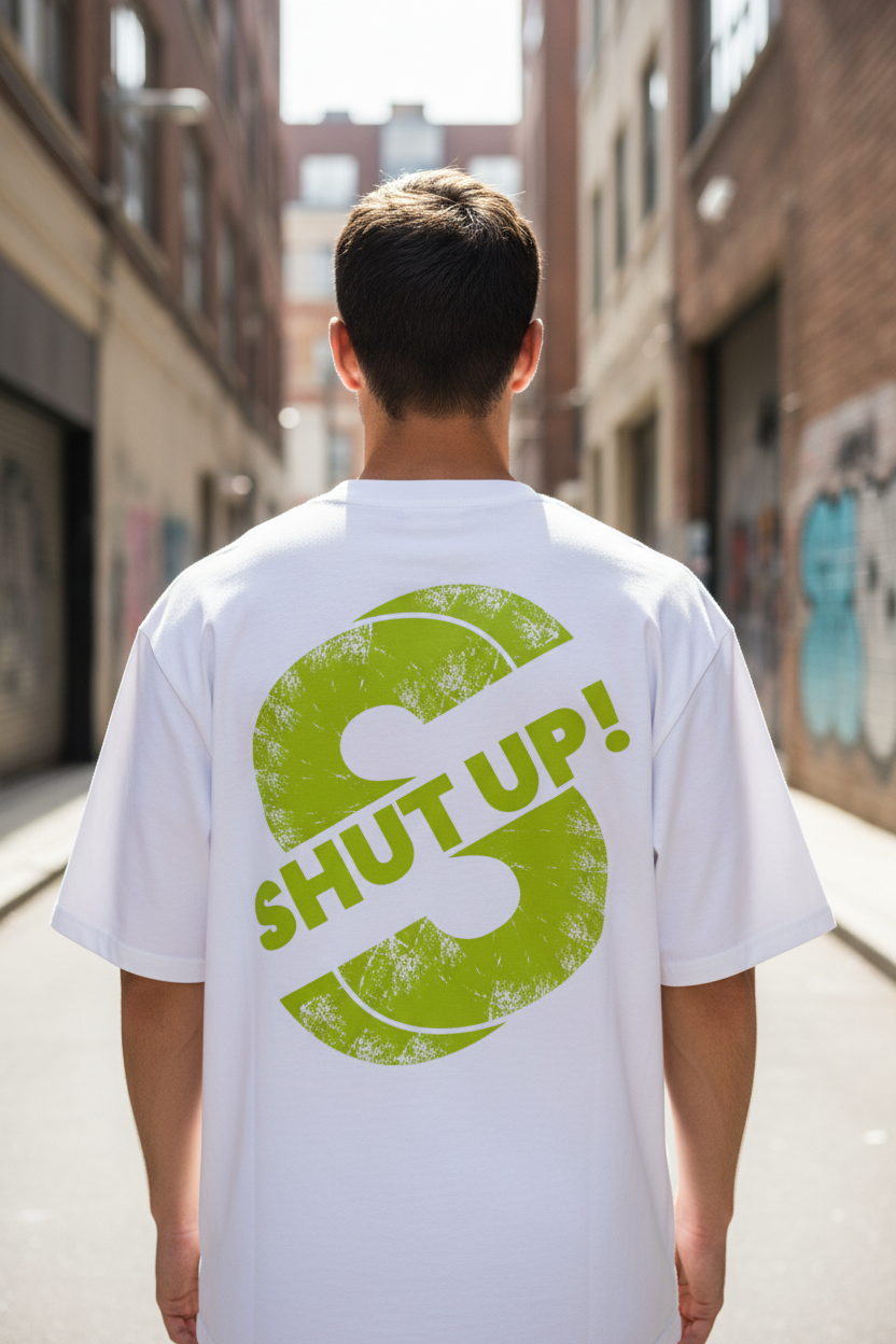 Male model wearing Shut Up! Bold Statement oversized t-shirt - back design