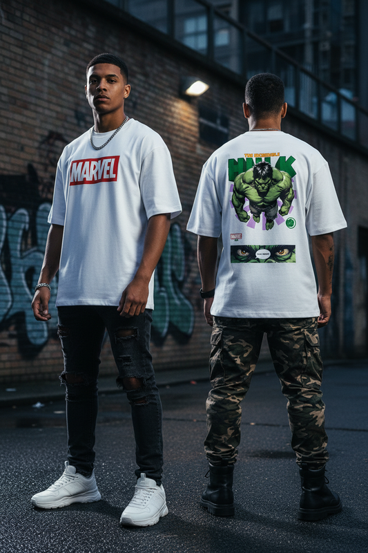 Male model wearing Incredible Hulk Rage Mode oversized t-shirt showing front and back views