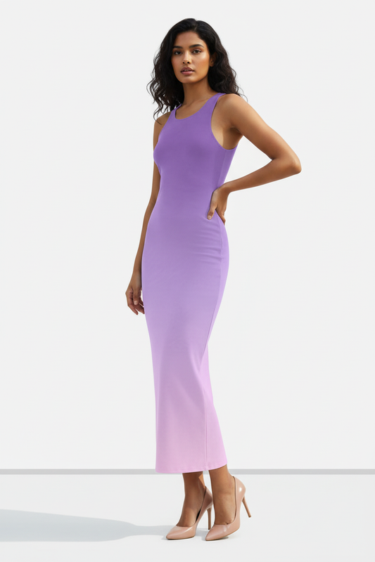 Blush Lilac Ombre Bodycon Dress - wheatish Indian female model wearing blush lilac ombre bodycon dress with nude heels and subtle shadow, white studio background