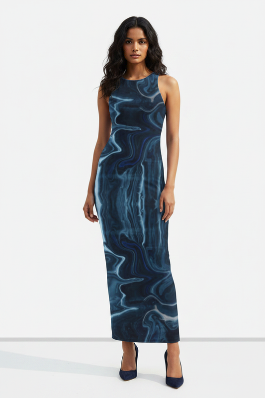Midnight Marble Bodycon Dress - wheatish-toned Indian female model wearing deep blue marble print bodycon dress, navy heels, white studio background