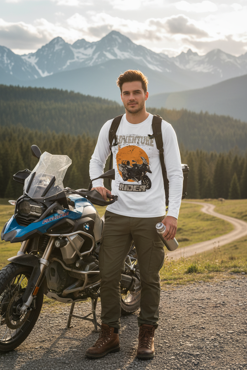 Male model wearing Adventure Rider white full-sleeve t-shirt in outdoor adventure setting