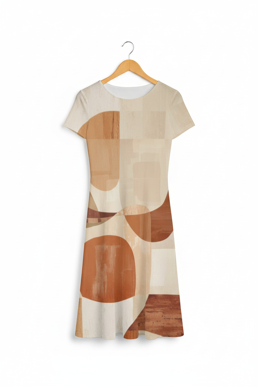 Organic blobs print A-line dress on wooden hanger