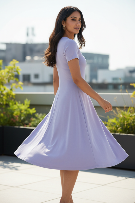 Indian model wearing muted lavender A-line dress