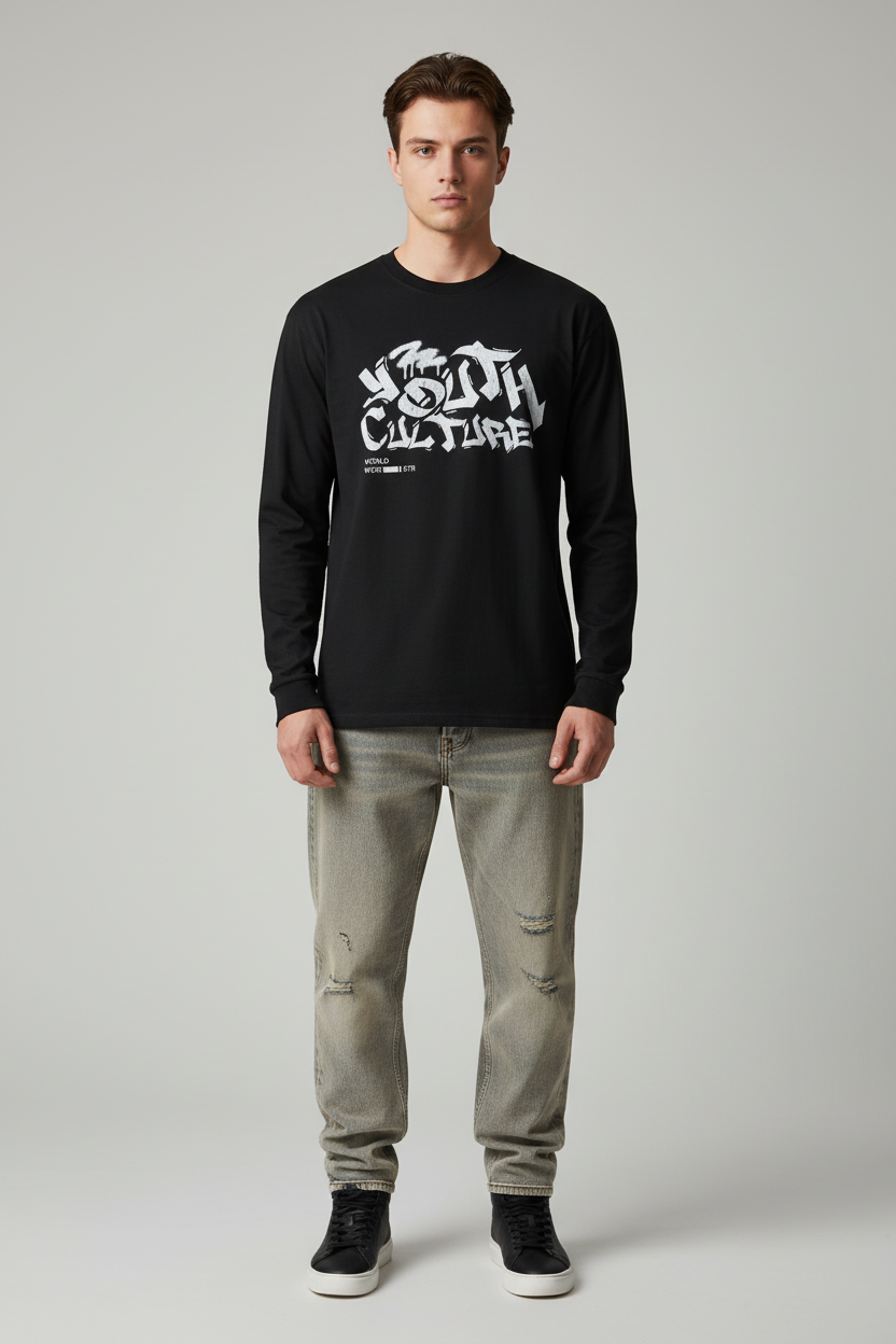 Model wearing Youth Culture Graphic Full Sleeve T-Shirt
