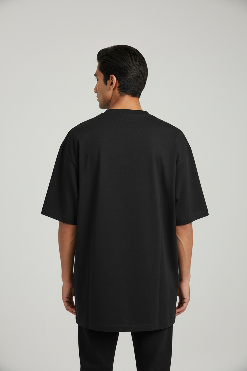 Flame & Beast Saga Oversized T-Shirt – Black – Back – Indian Male Model