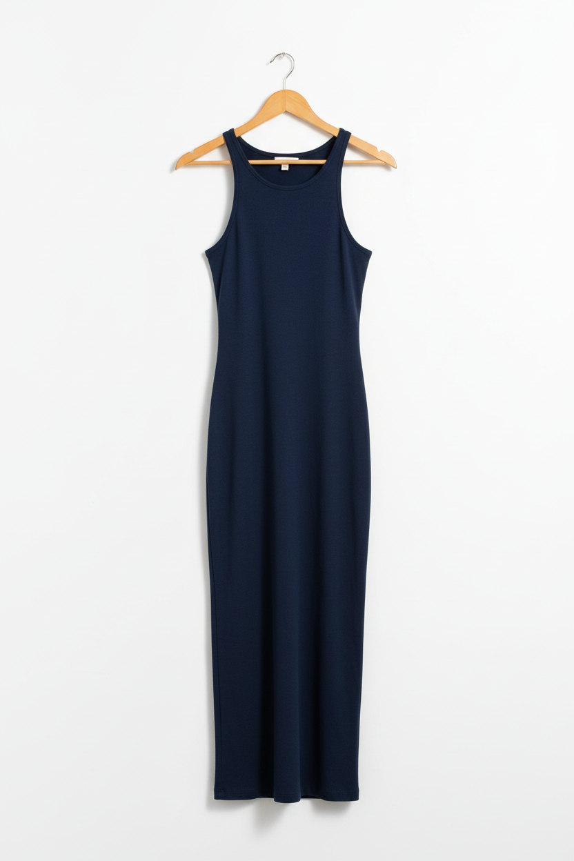 Midnight navy blue bodycon dress on wooden hanger