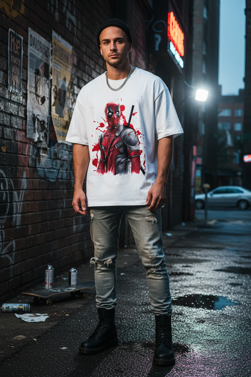 Male model wearing Deadpool Merc with a Mouth Blood-Splash Edition oversized t-shirt