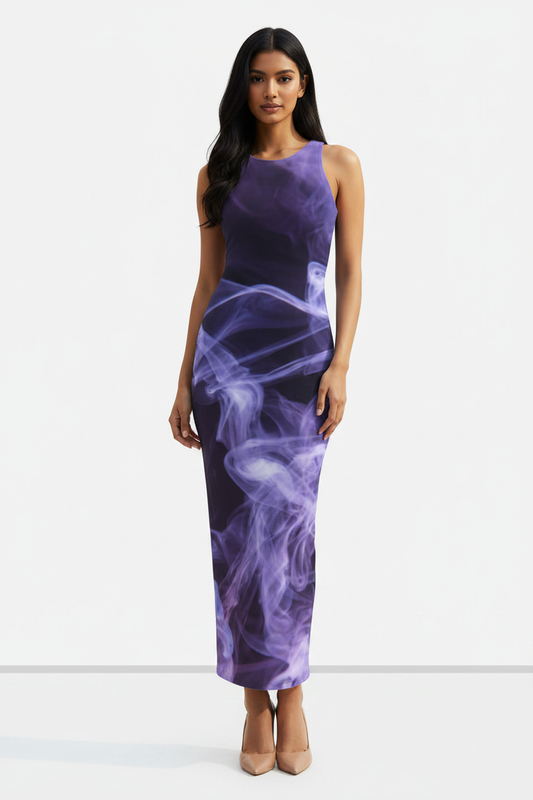 Violet Mist Bodycon Dress - wheatish-toned Indian female model wearing purple smoke-effect bodycon dress, nude heels, white studio background