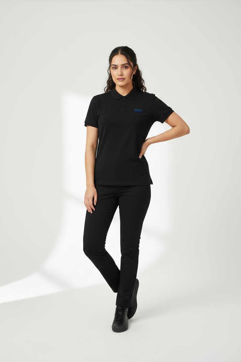ITSY Polo T-Shirt - Black - Female model, studio shot, full body