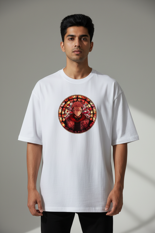 Cursed King Rage Oversized T-Shirt – White – Front – Indian Male Model