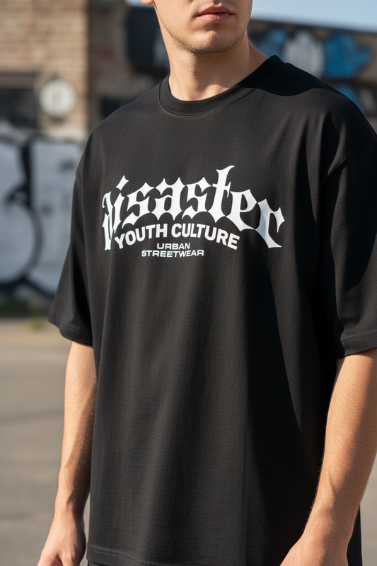 Male model wearing Disaster Youth Culture oversized t-shirt - color variant