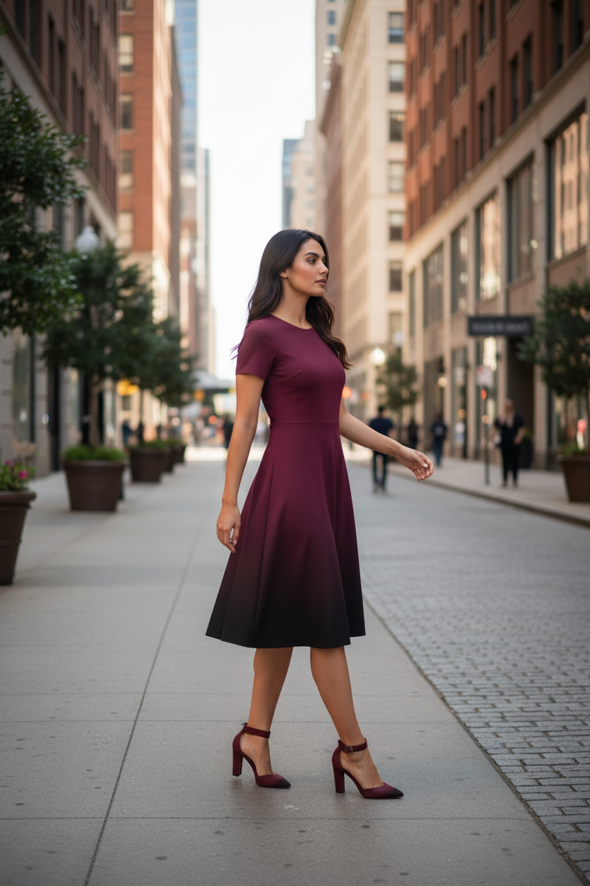Indian female model wearing Midnight Merlot A-Line Dress walking on city boulevard, mid-stride pose, full body shot