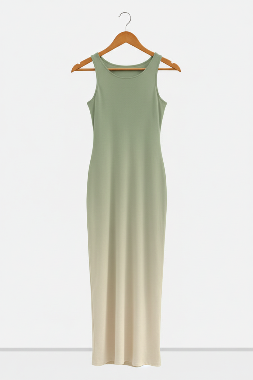Sage Dune Ombre Bodycon Dress - sage ombre bodycon dress on wooden hanger, white studio background