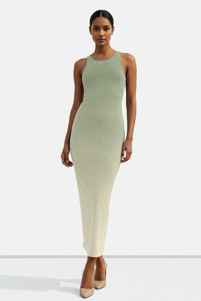 Sage Dune Ombre Bodycon Dress - dusky Indian female model wearing sage ombre bodycon dress with heels and subtle shadow, white studio background