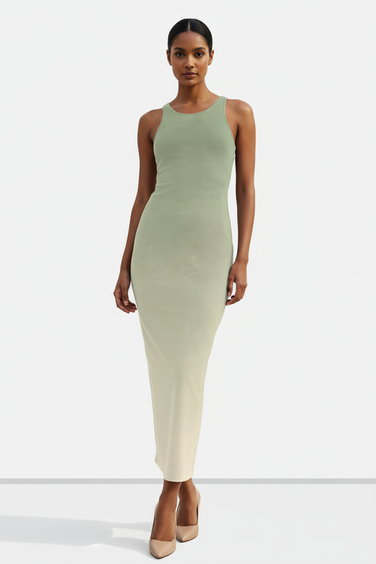Sage Dune Ombre Bodycon Dress - dusky Indian female model wearing sage ombre bodycon dress with heels and subtle shadow, white studio background